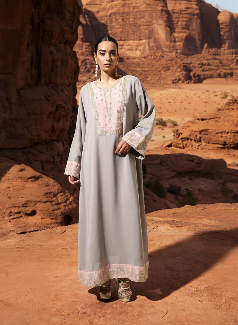 Ishin  Grey Zari Embroidered Colourblock Abaya for Women | Best Price UAE